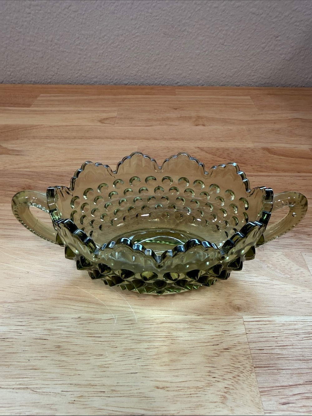 Vintage Hobnail Glass Console Dish - Olive Green